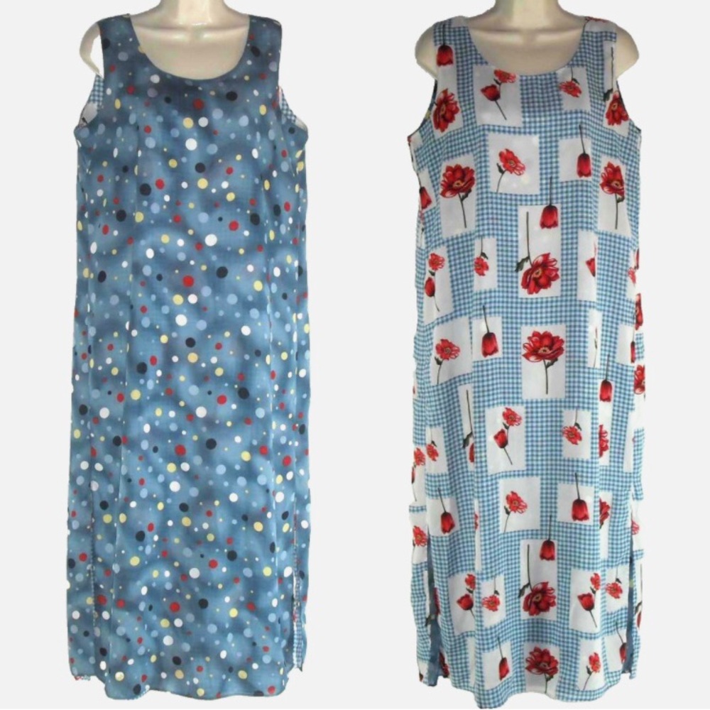 REVERSIBLE dress L Loose Shift Floral Check Dots